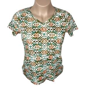 Relativity Southwest Western Tribal Orange White Teal Short Sleeve Fitted